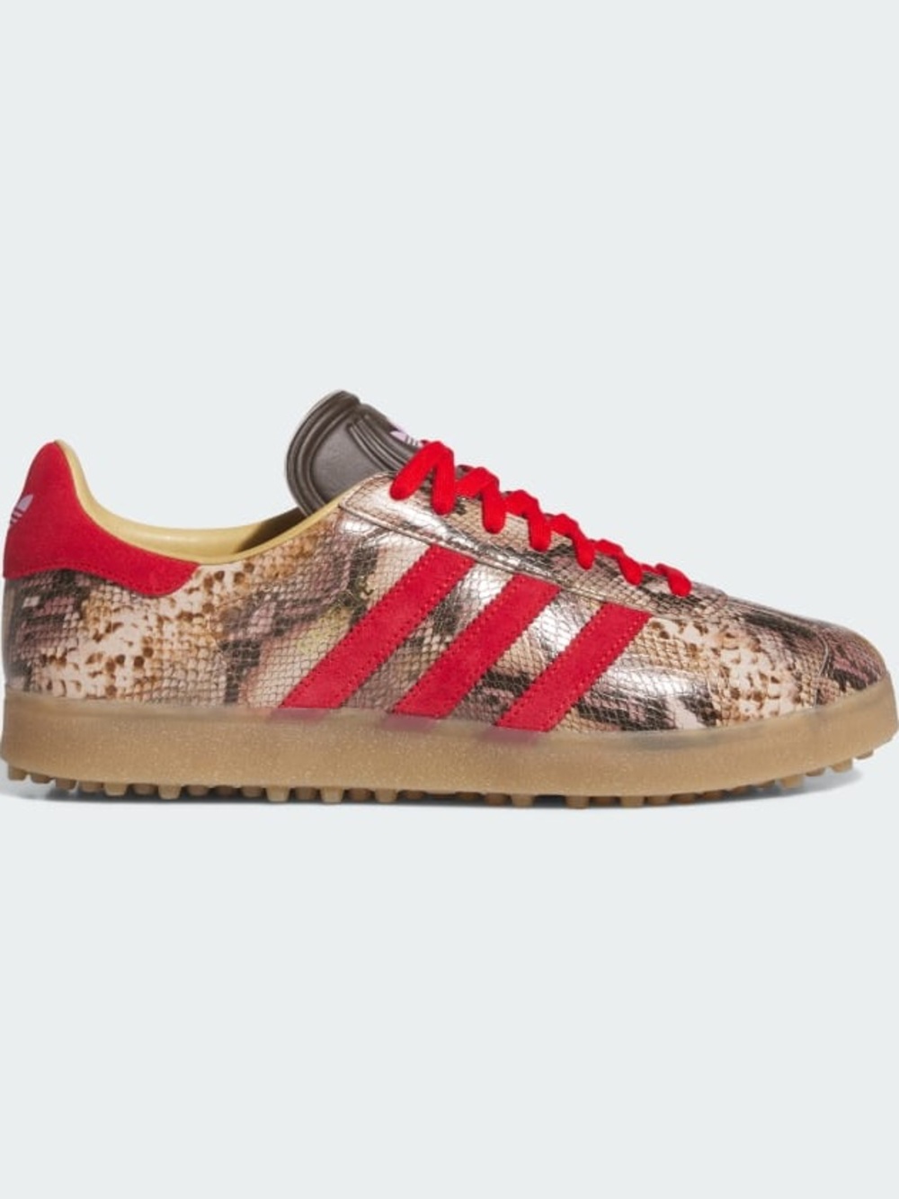adidas Gazelle Lux Spikeless Golf Shoes in a snakeskin print with red laces